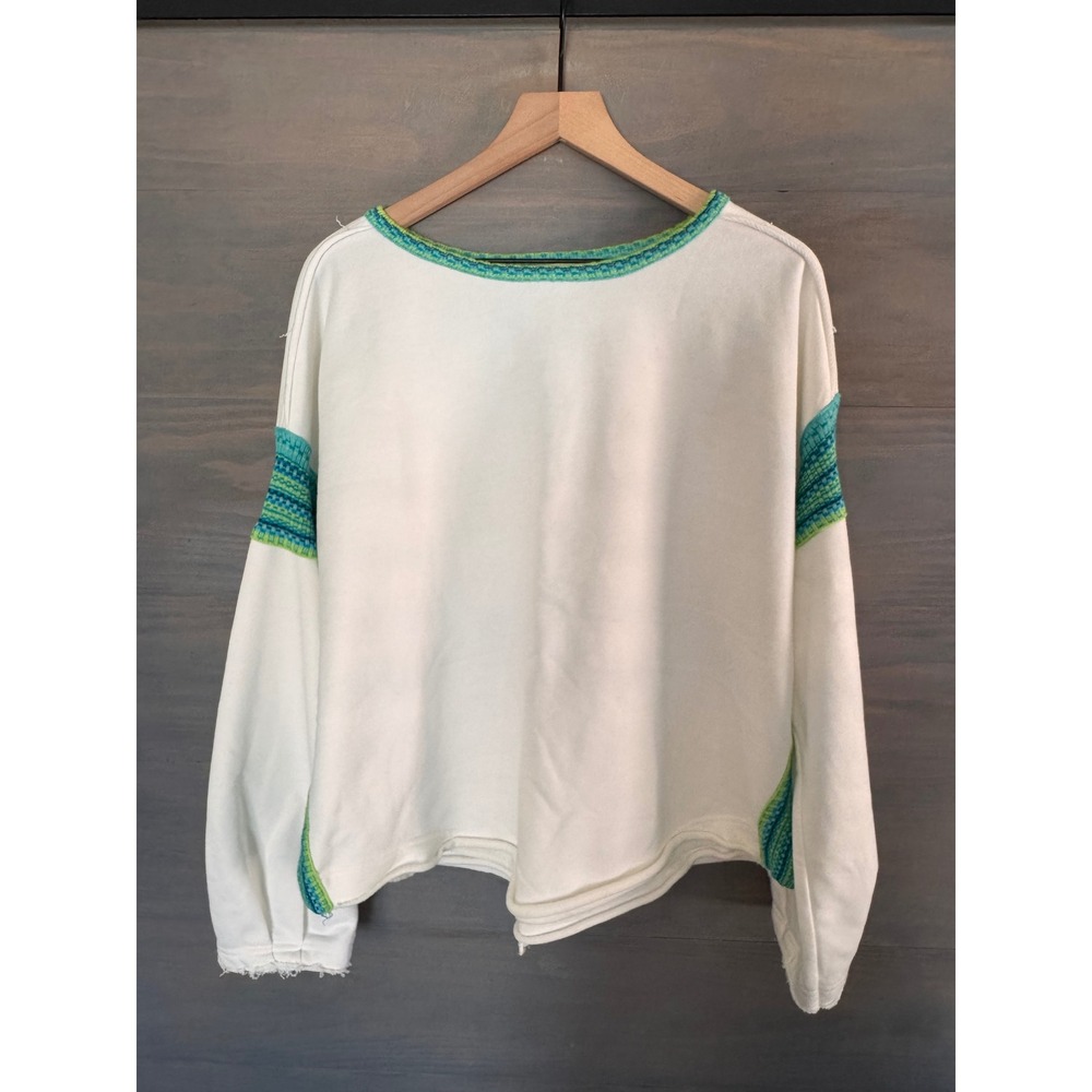 Natural Life Knit Trim Sweatshirt Off White Teal Lime Green Boho L/XL